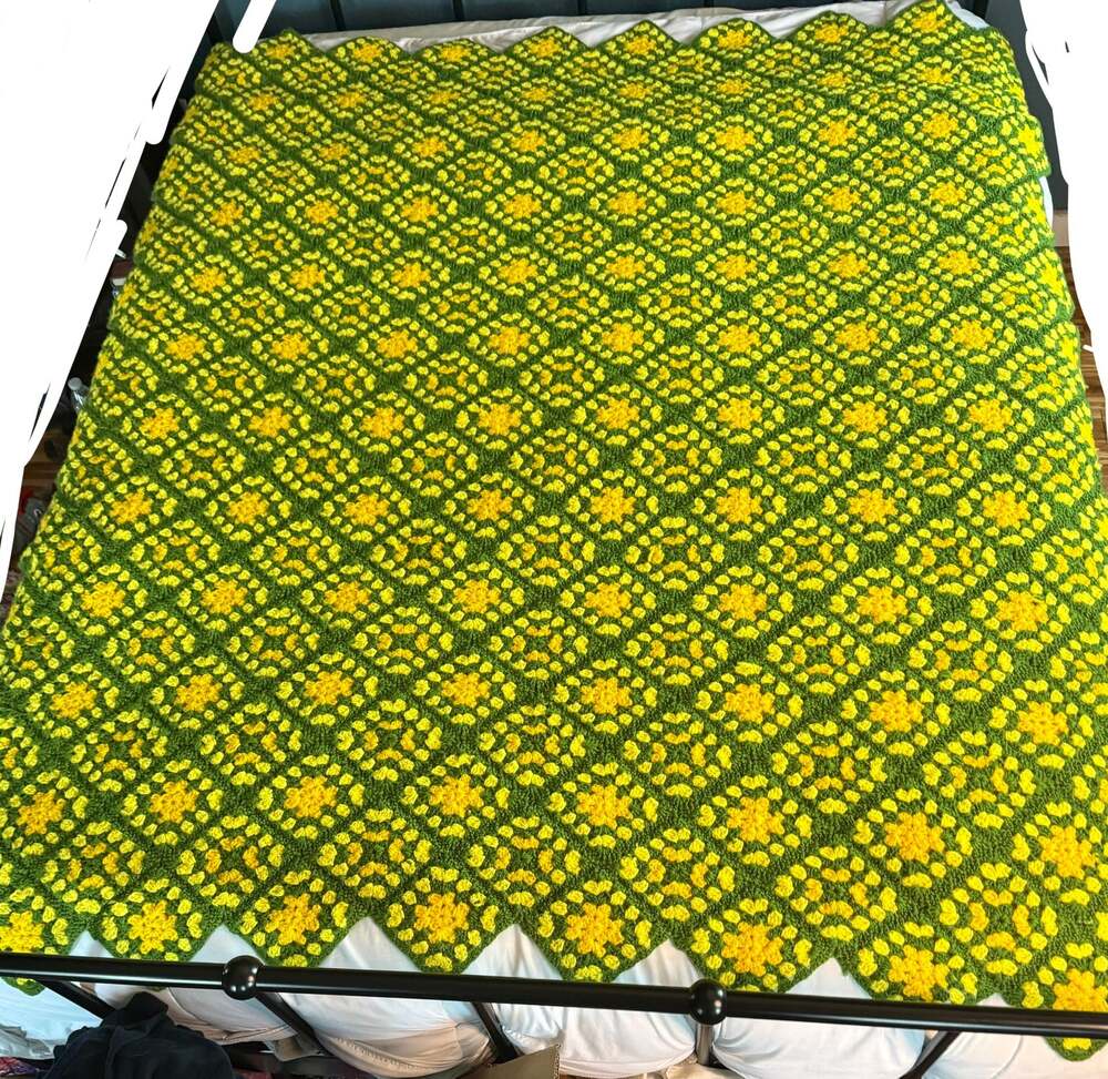 Vintage Handmade Green and Yellow Crochet Granny Square Diamond Afghan Blanket